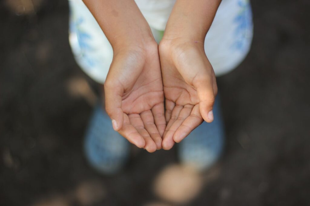 Close-up of a child's open hands, palms up, in soft natural light, conveying innocence and trust.